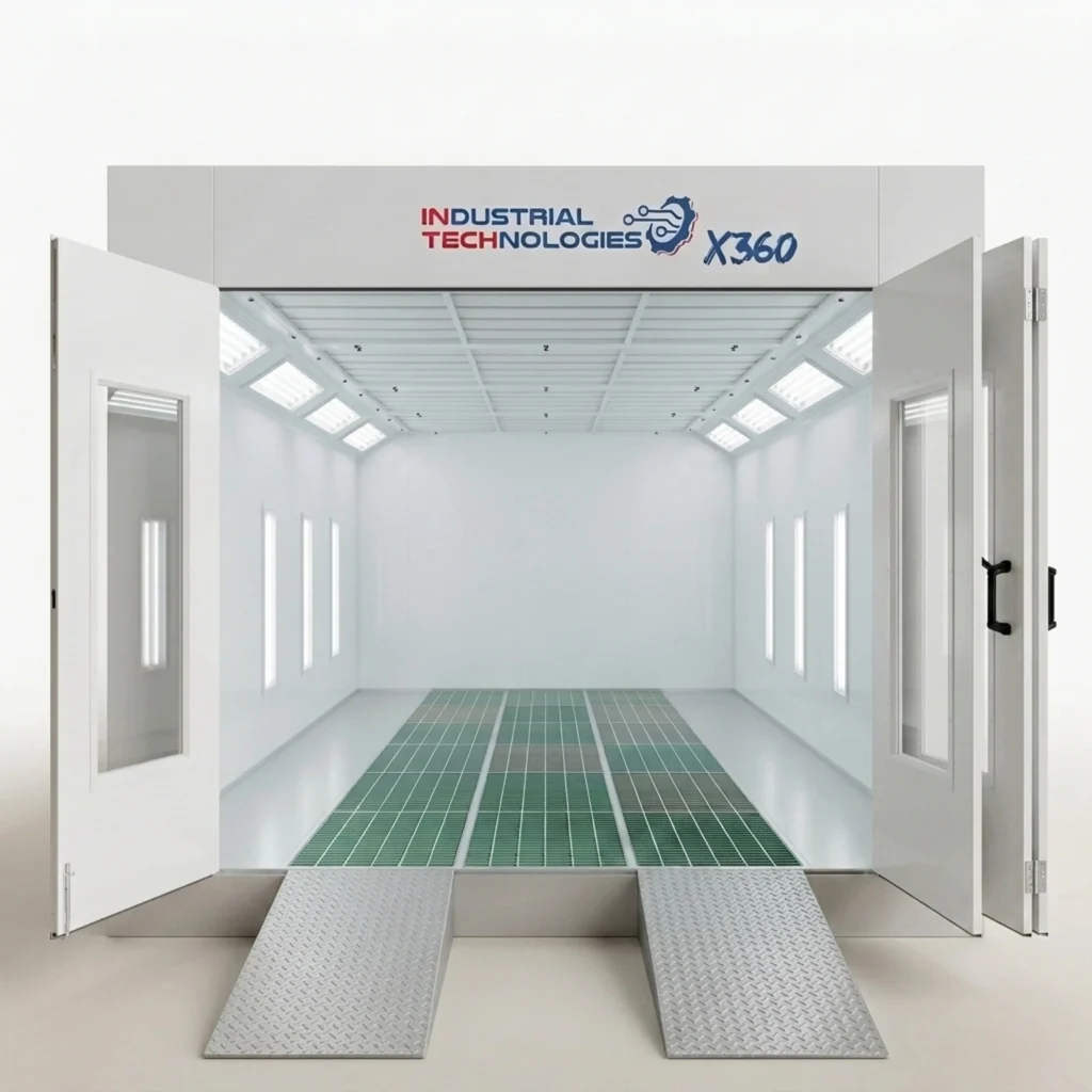 INTECH X360 paint booth with the main door open — interior with ceiling and side lighting and three rows of floor grille