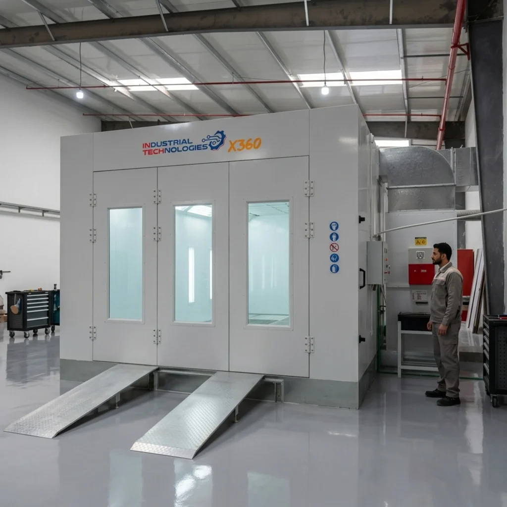 INTECH X360 paint booth inside a workshop — front view with the three-leaf main door and a technician standing beside it