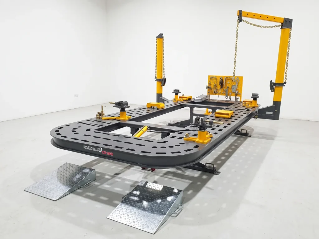 INTECH CR 360 chassis puller in a body repair workshop
