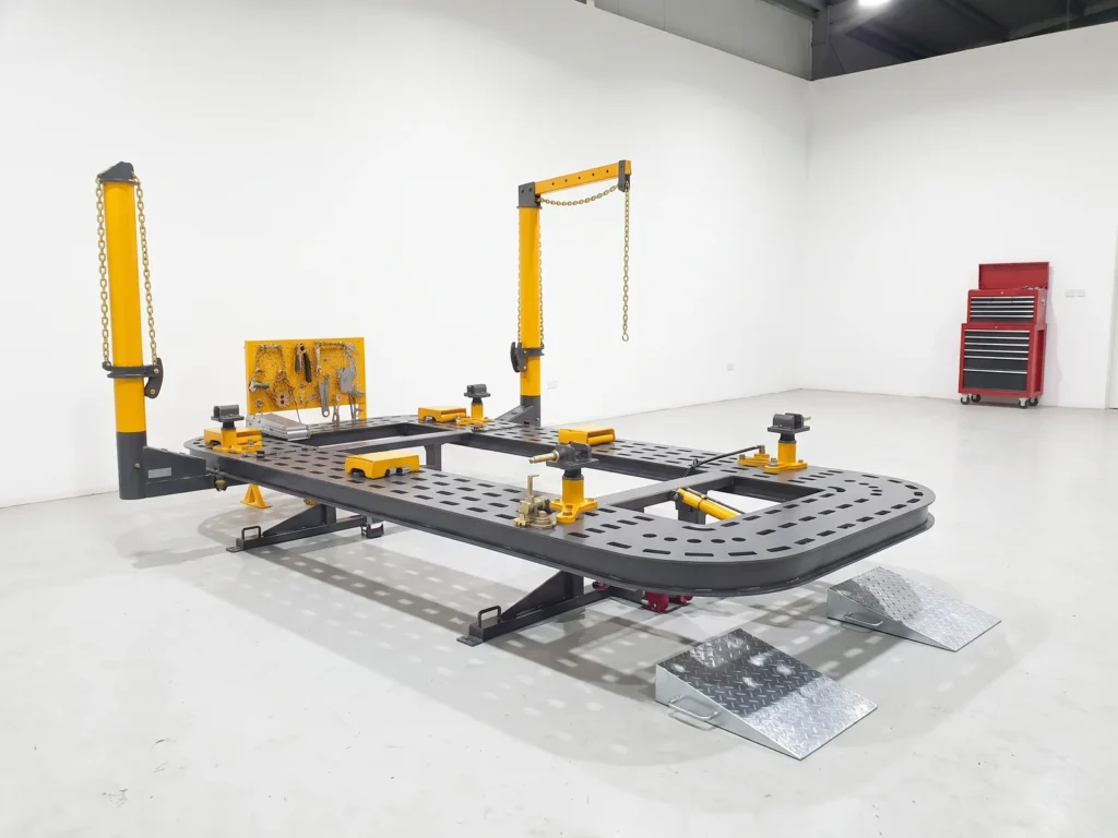 INTECH CR 360 chassis puller, wide view inside the workshop