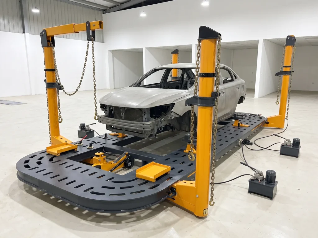 INTECH CR 500 chassis puller, wide view inside the workshop