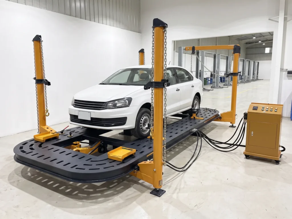 INTECH CR 700 chassis puller, wide view inside the workshop