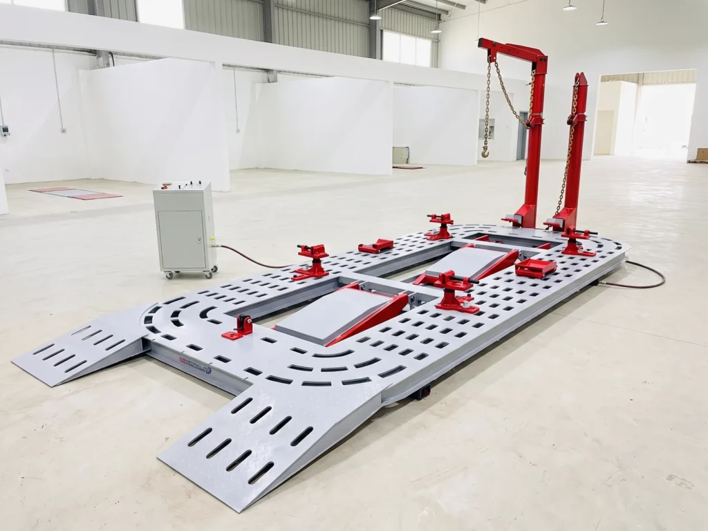 INTECH CR 900 chassis puller, wide view inside the workshop