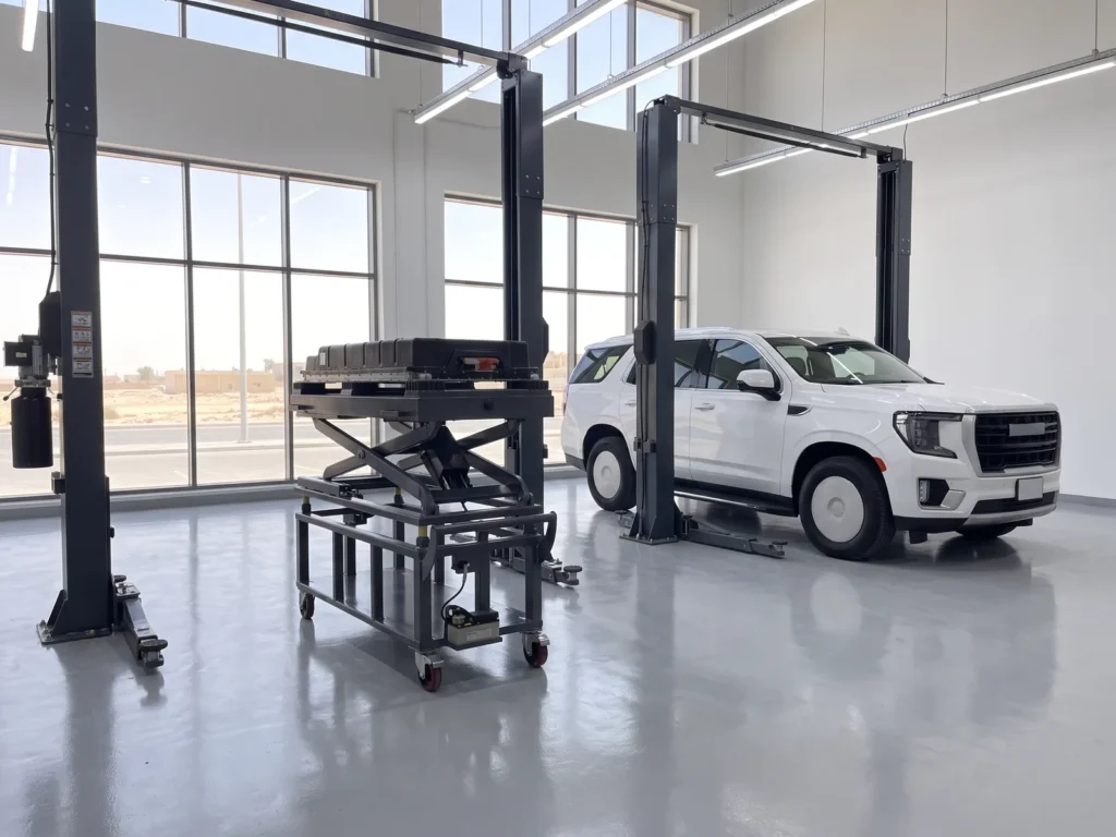 EV battery changing lifting platform, wide view inside the workshop