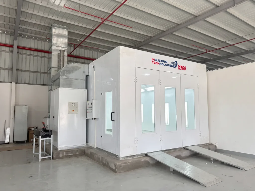 INTECH X300 paint booth, front three-quarter view