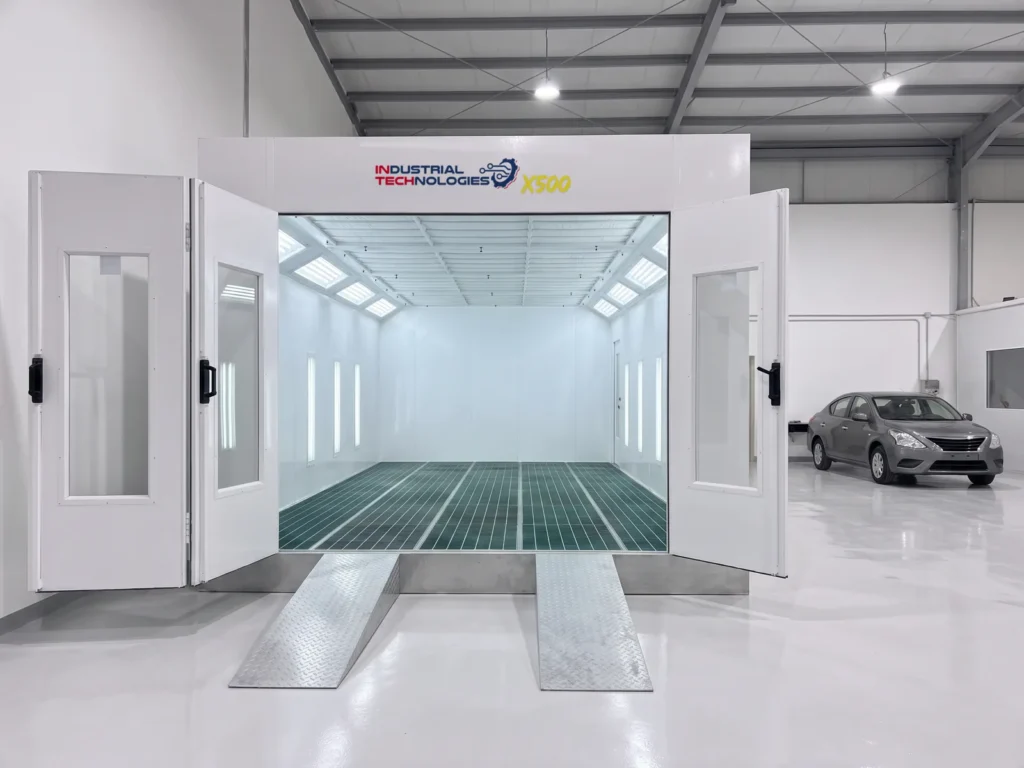 INTECH X500 paint booth, wide view inside the workshop