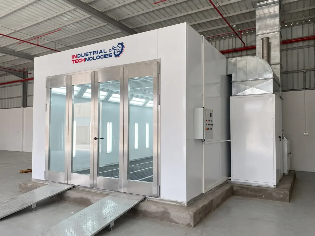 INTECH X700 paint booth, front three-quarter view