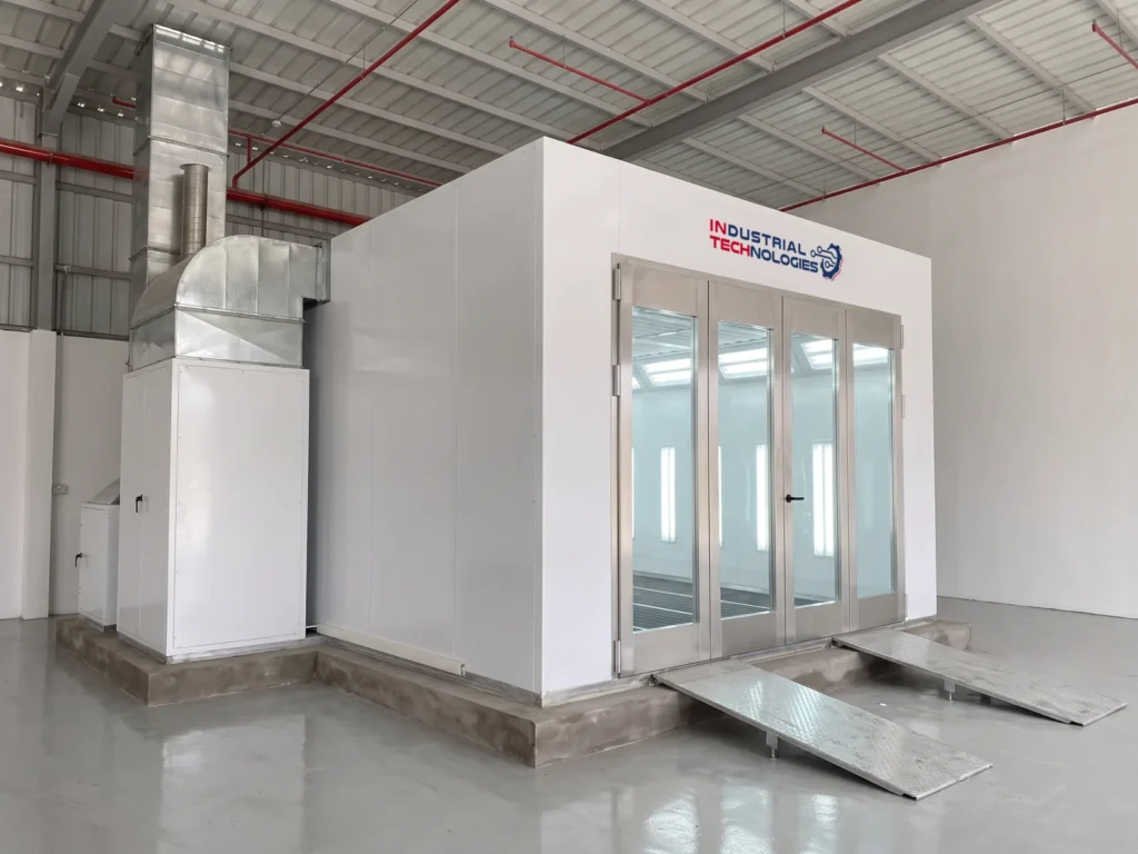INTECH X700 paint booth, wide view inside the workshop