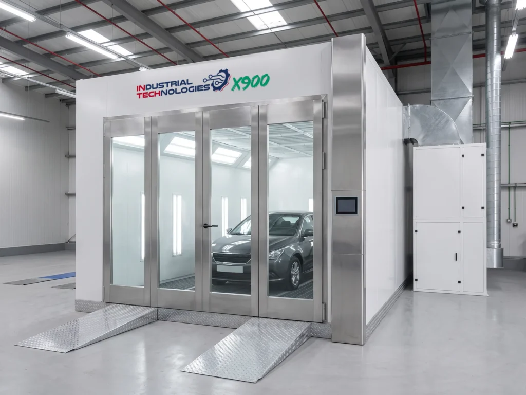 INTECH X900 paint booth in a car refinishing workshop