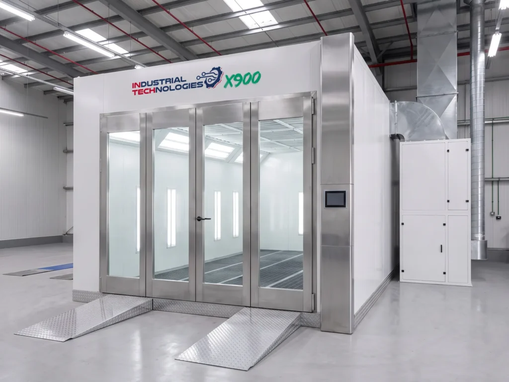 INTECH X900 paint booth, wide view inside the workshop