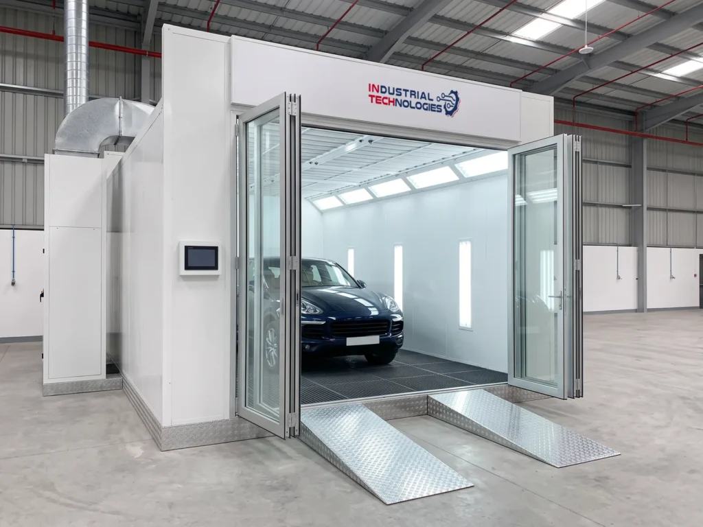 INTECH X960 paint booth, front three-quarter view