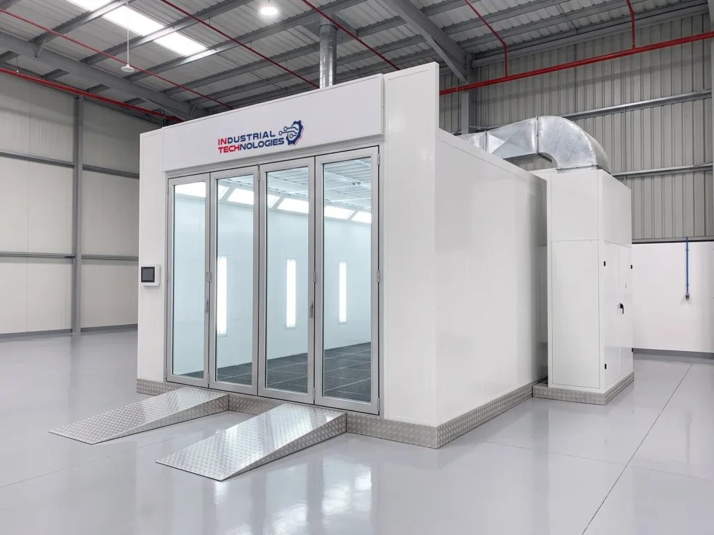 INTECH X960 paint booth, wide view inside the workshop