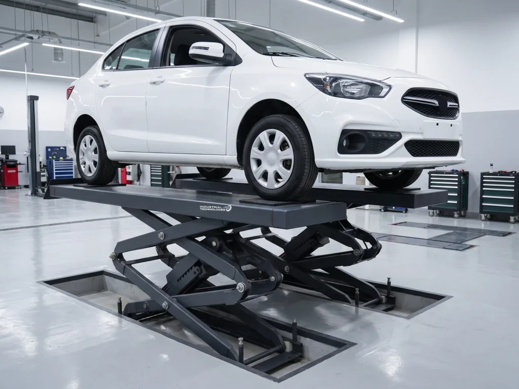 Small-platform scissor lift 4000 kg in a vehicle service bay