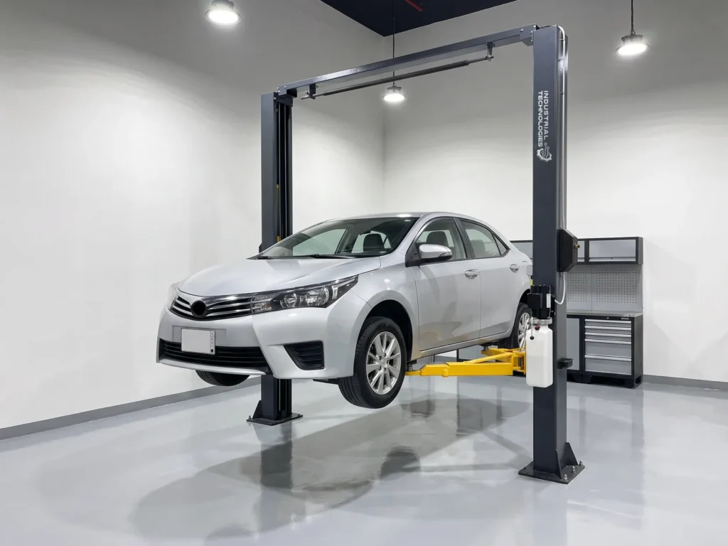 Clear-floor two-post lift 3700 mm in a vehicle service bay