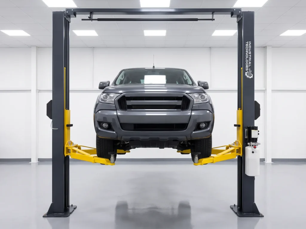 Clear-floor two-post lift 3900 mm, front three-quarter view