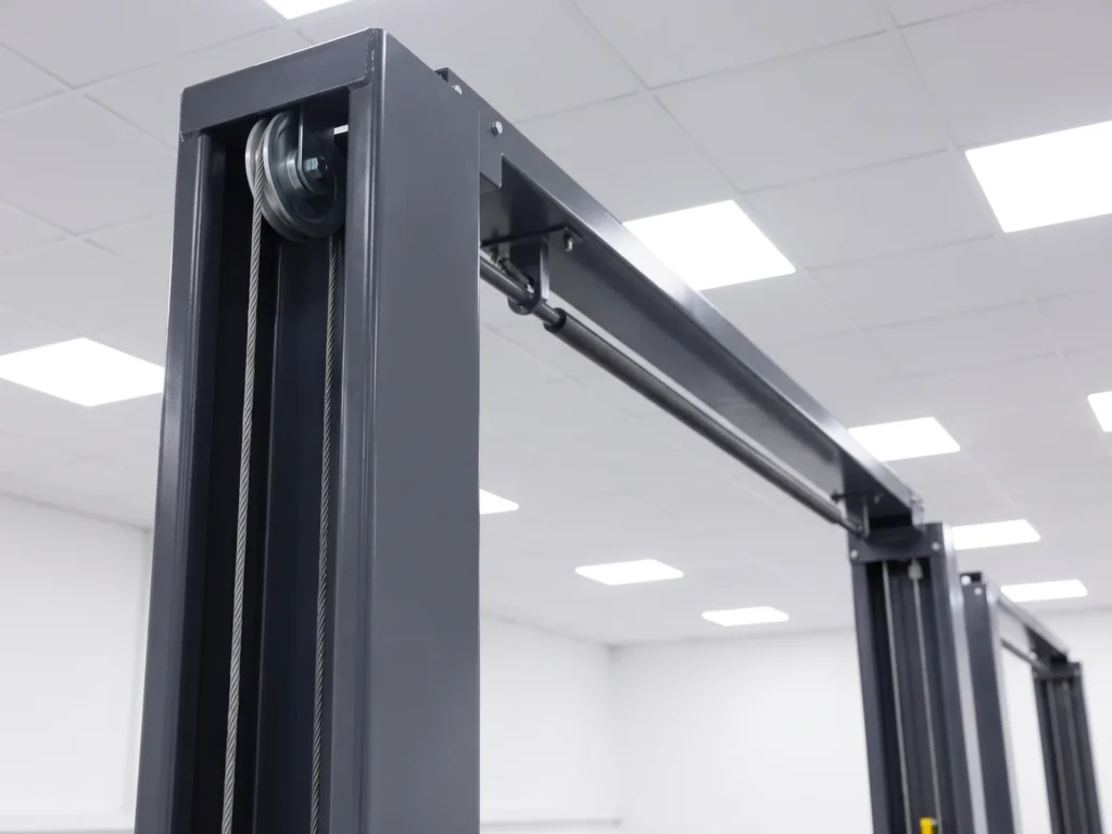 Clear-floor two-post lift 3900 mm, close-up of its main components