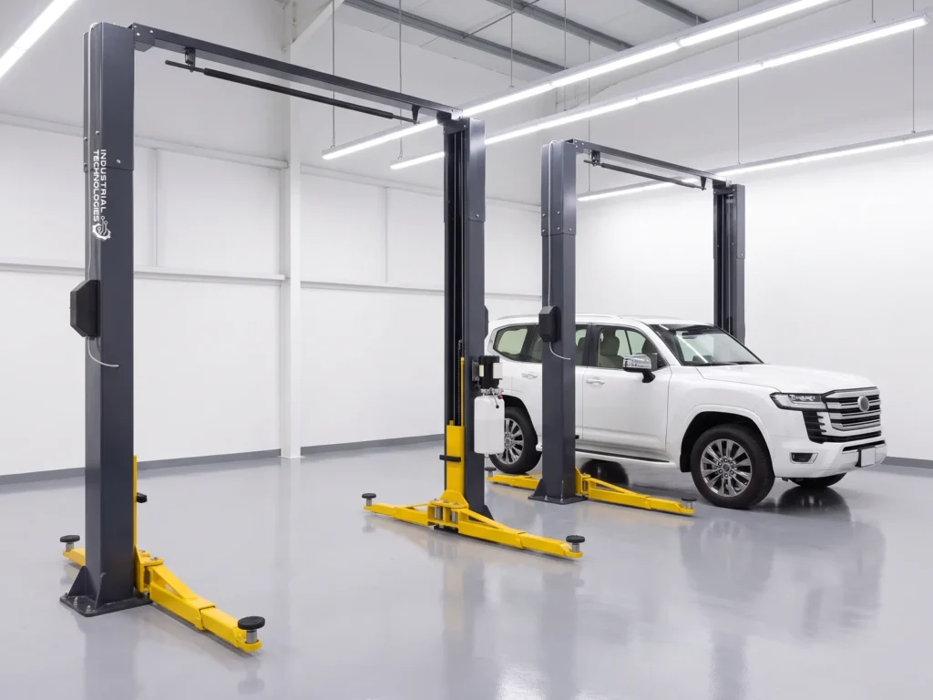 Clear-floor two-post lift 3900 mm, wide view inside the workshop