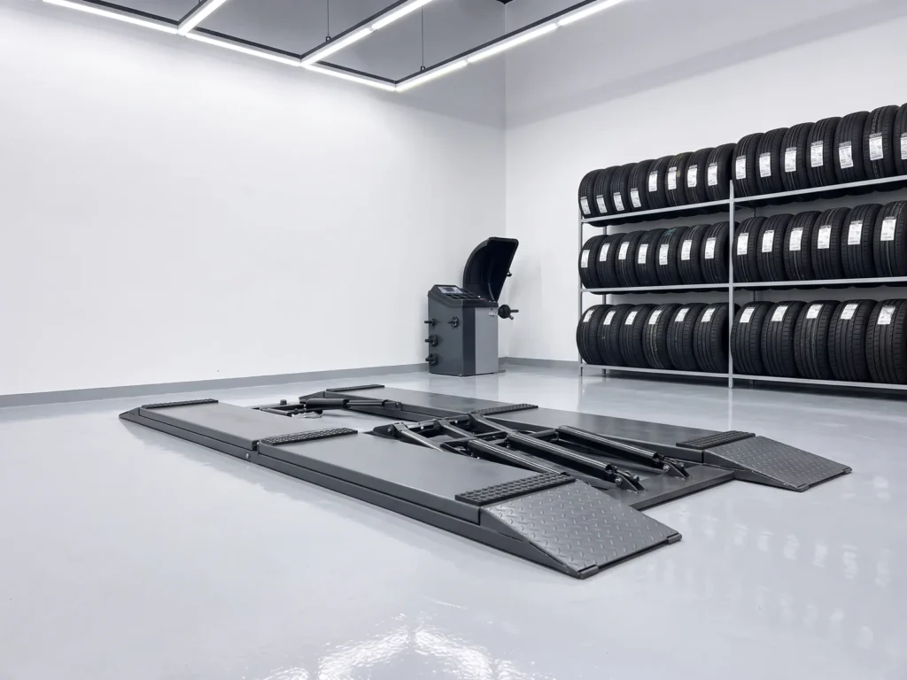 Ultrathin mid-rise scissor lift 4000 kg, wide view inside the workshop