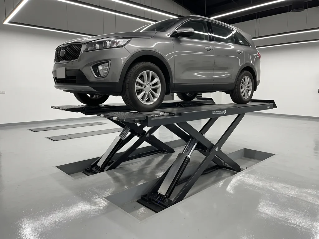 Ultrathin small-platform scissor lift 4000 kg in a vehicle service bay