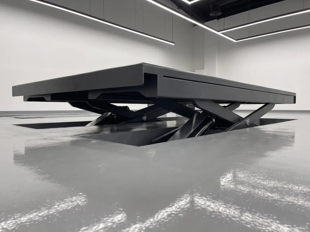 Ultrathin small-platform scissor lift 4000 kg, close-up of its main components