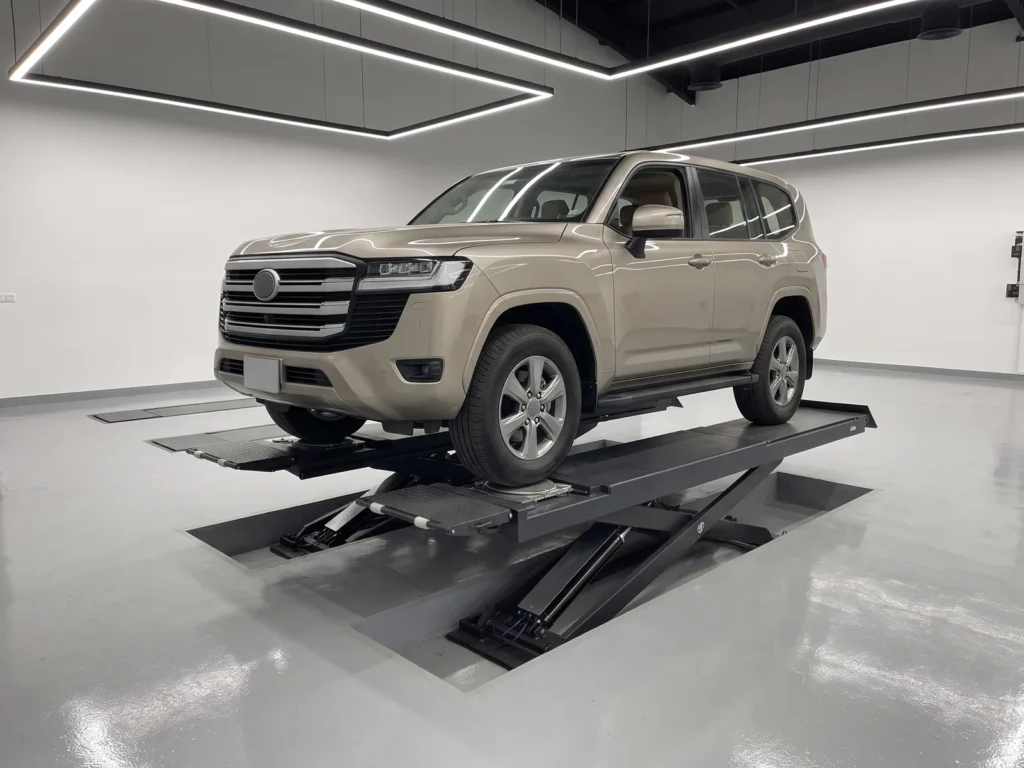 Ultrathin small-platform scissor lift 4000 kg, wide view inside the workshop