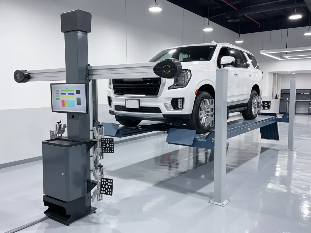 Camera-based wheel alignment system around a car on an alignment lift