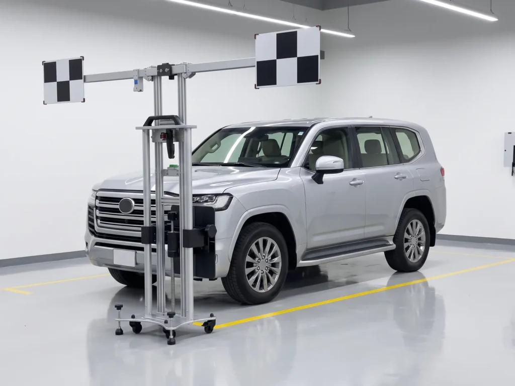 Radar and camera calibration system in front of a car in a calibration bay