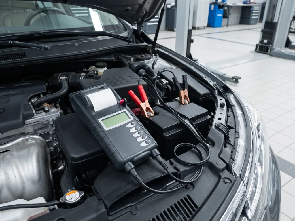 Battery and electrical system analyzer on a car battery in a workshop