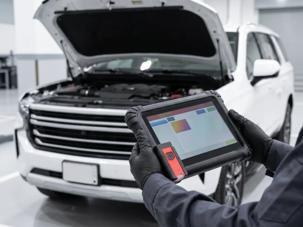 Autel MaxiSys MS906 MAX diagnostic tool in a technician's hands in front of a car in a service workshop