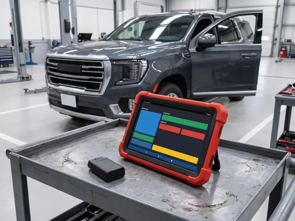 Launch X431 Pro3 SE diagnostic tool on a tool trolley beside a car in a service workshop