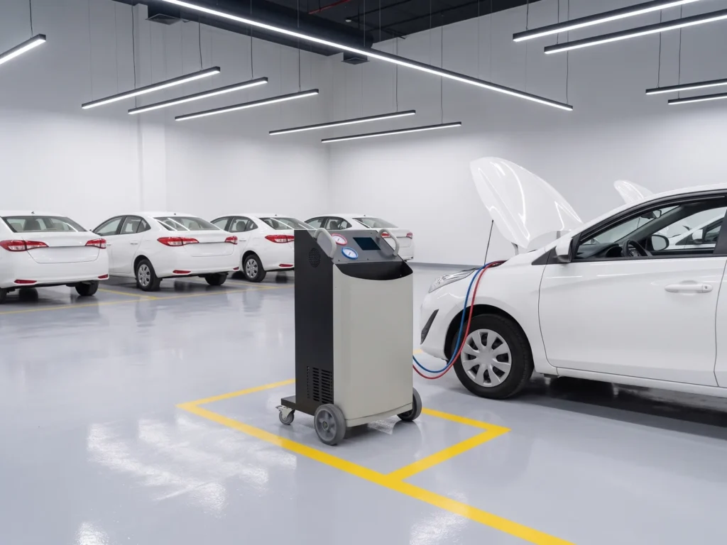 A/C service station on its marked floor position connected to a car with an open bonnet at a rental company