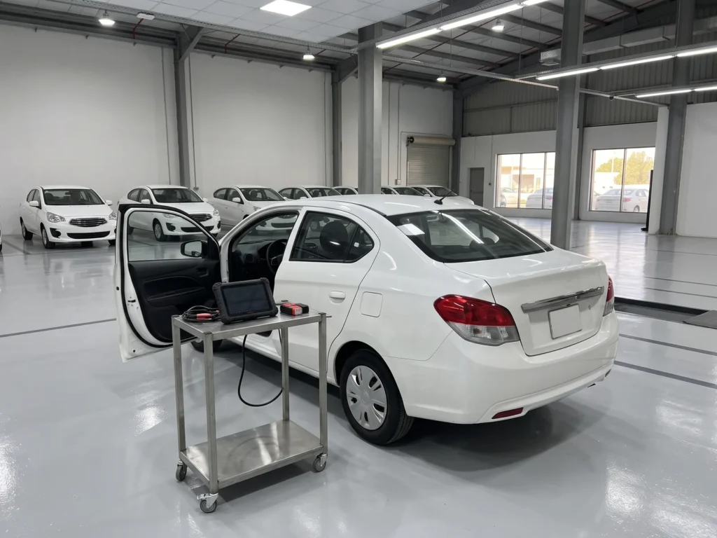 Diagnostic tablet on a trolley connected to a car with an open door in a rental inspection lane
