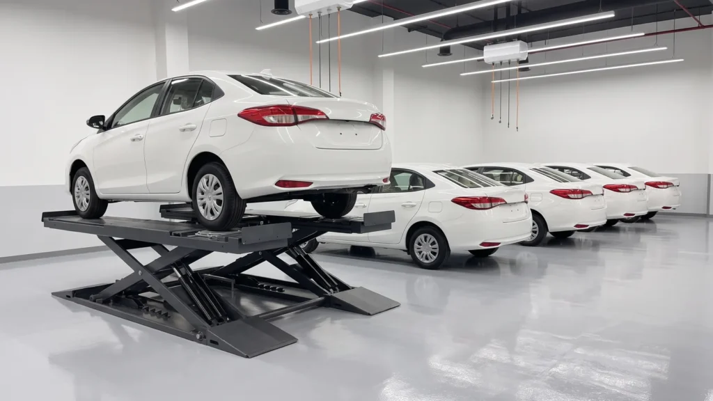 Car rental maintenance bay: a car on a movable scissor lift with a line of identical cars waiting