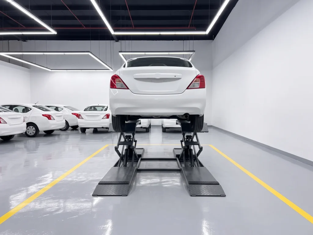 A car on a mid-rise scissor lift in an inspection lane at a rental company, with parked cars behind