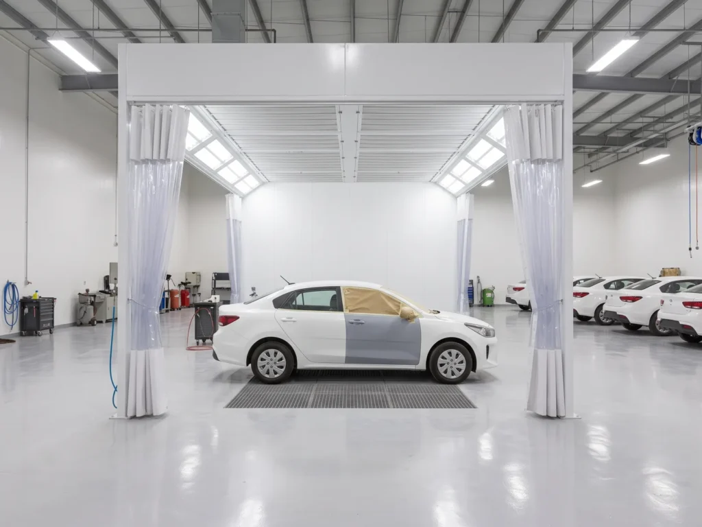A car with one front door in primer inside a prep station with open curtains at a rental company