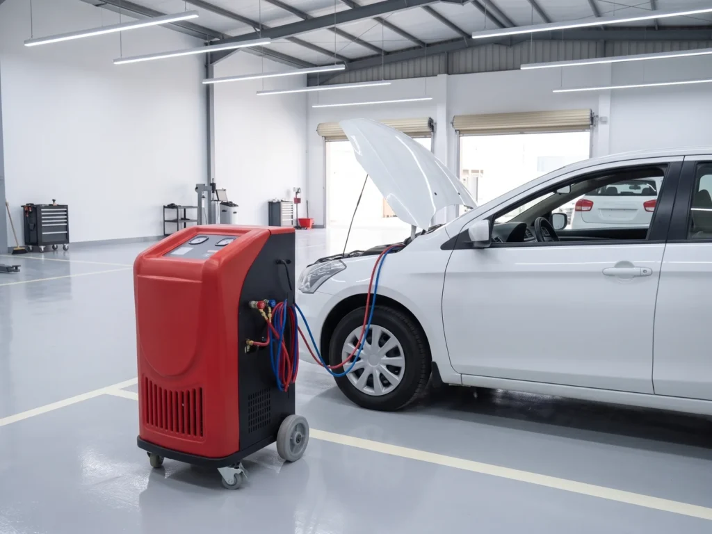Red A/C service station connected by its hoses to a car with an open bonnet in a repair workshop