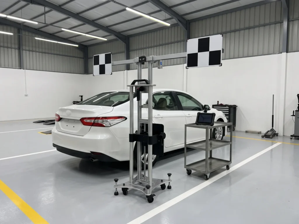 ADAS calibration frame in front of a car with a diagnostic tablet on a trolley in a repair workshop