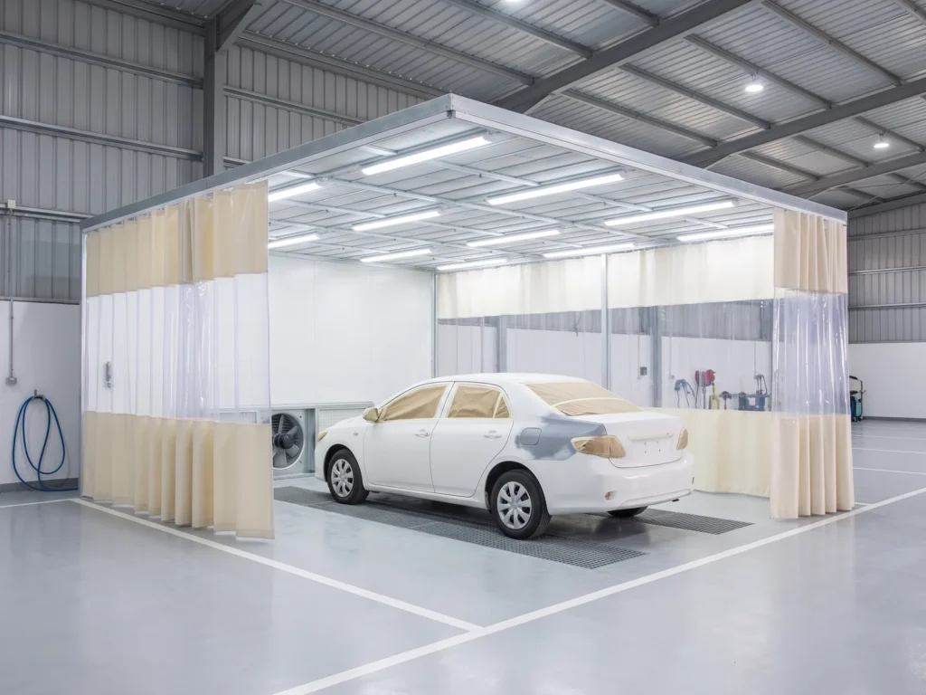 Curtained prep station in a repair workshop with a masked car whose rear wing is in primer