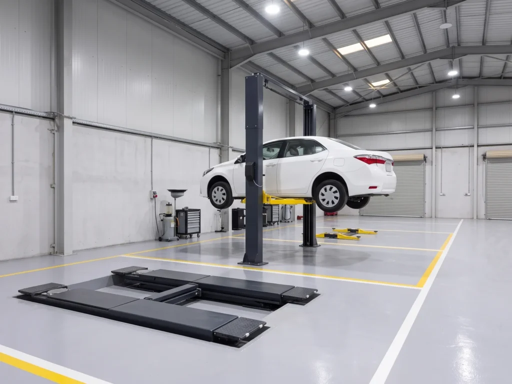 A car on a two-post lift and a low scissor lift in the next bay of a repair workshop