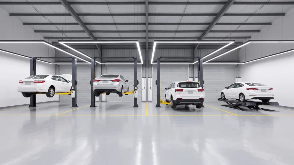 Car repair workshop with a row of service bays: cars on two-post lifts and one on a scissor lift