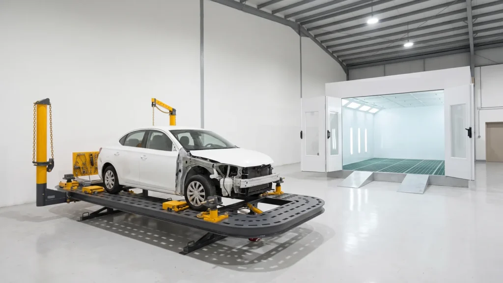 Collision repair centre: a car clamped on a chassis puller with an open paint booth behind it