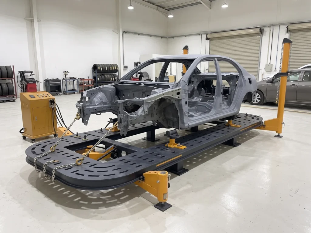 Car body shell in primer clamped on a chassis puller with pulling chains on its front structure