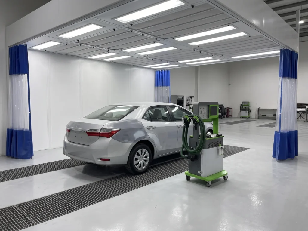 Silver car with a sanded rear panel inside a prep station beside a mobile dust extractor