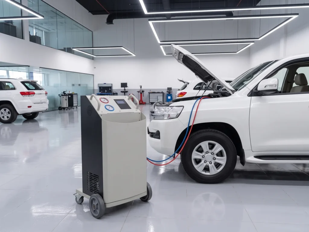 Grey A/C service station connected to an SUV with an open bonnet in a dealership service centre