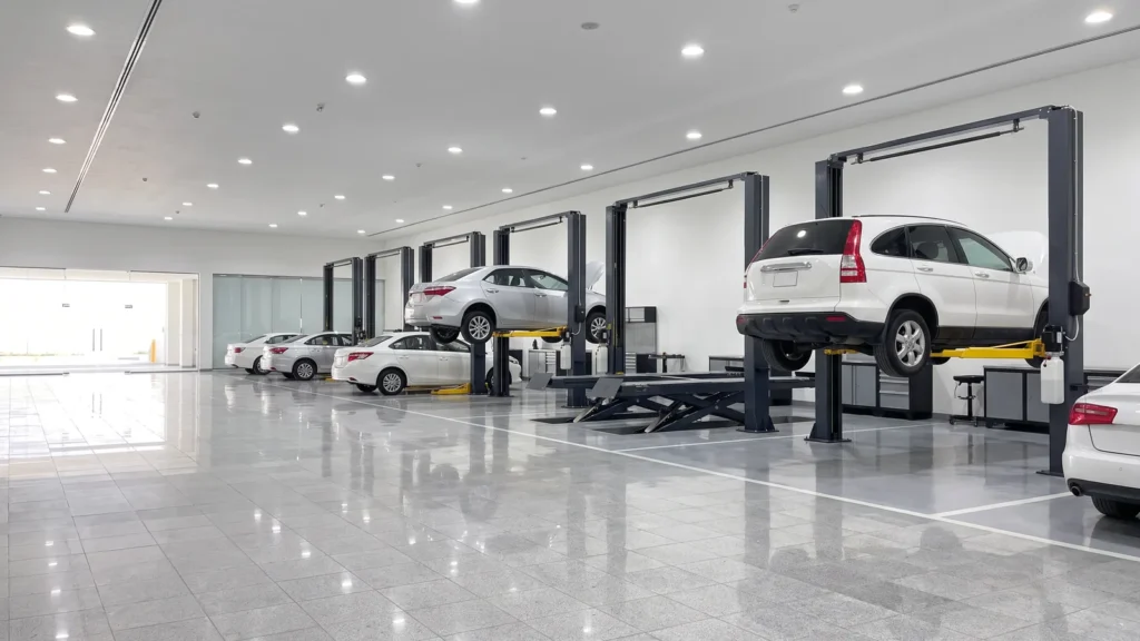 Dealership service centre with a row of two-post lifts and cars in the service bays