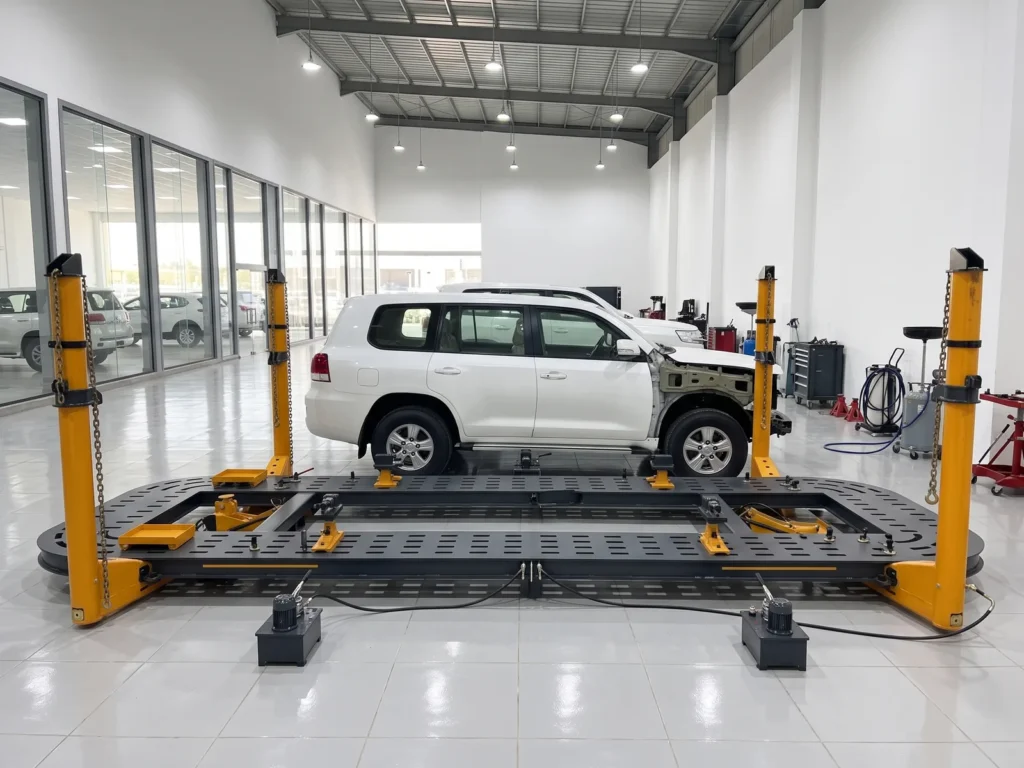 An SUV with a front wing removed on a chassis puller with pulling towers in a dealership service centre
