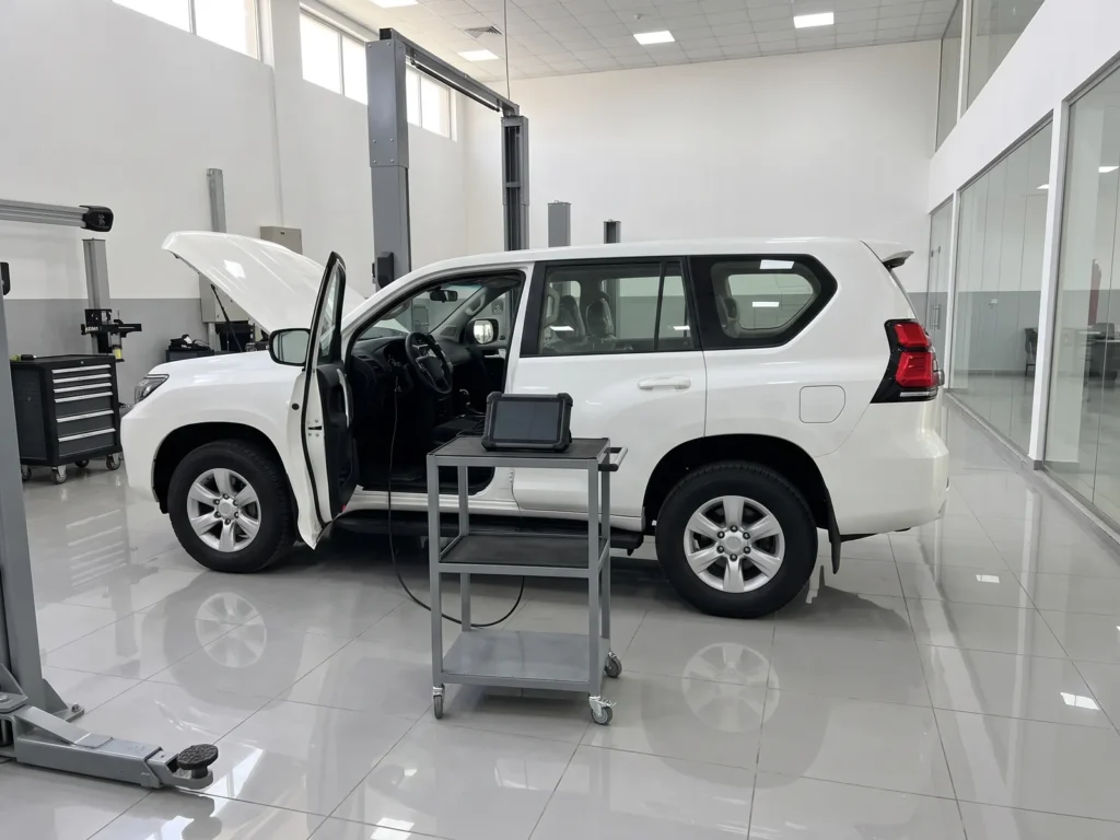 Diagnostic tablet on a trolley connected to an SUV with an open door in a dealership service centre