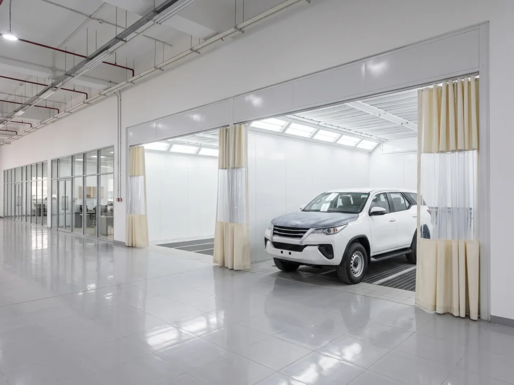 An SUV with its bonnet in primer inside a curtained prep station in a dealership service centre