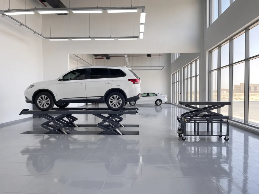 An SUV on a scissor lift beside an EV battery lifting platform in a dealership service centre