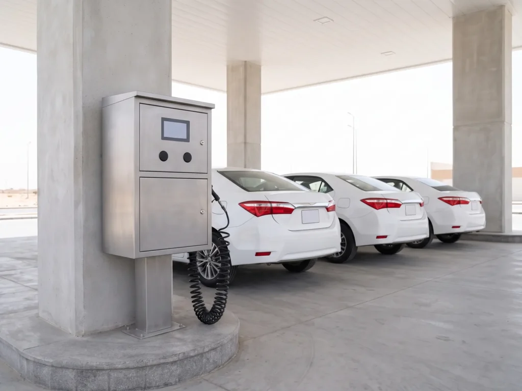 Self-service tire inflator in a covered delivery area beside a row of new cars